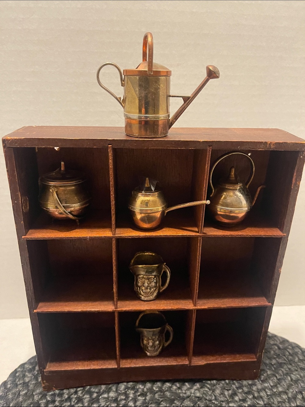 Brass Miniature Tea and Watering Can Set Gold and Brown w/wood shelf,  vintage